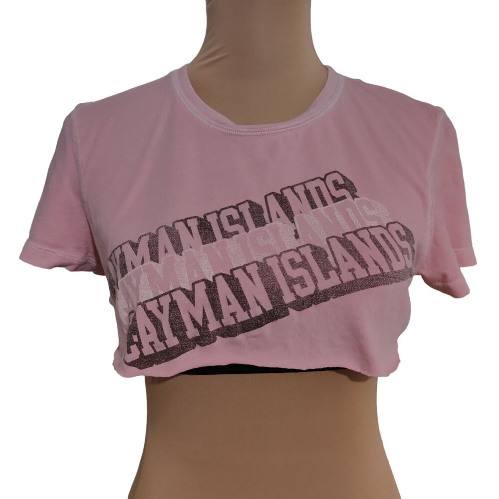 Jones & Mitchell Womens Upcycled Mini Crop Top T-Shirt Cayman Islands Pink Sz L